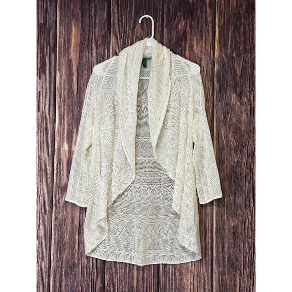 Lauren Ralph Lauren Sweaters - Lauren Ralph Lauren Cardigan Womens M Cream Open Knit Shawl Collar Cotton